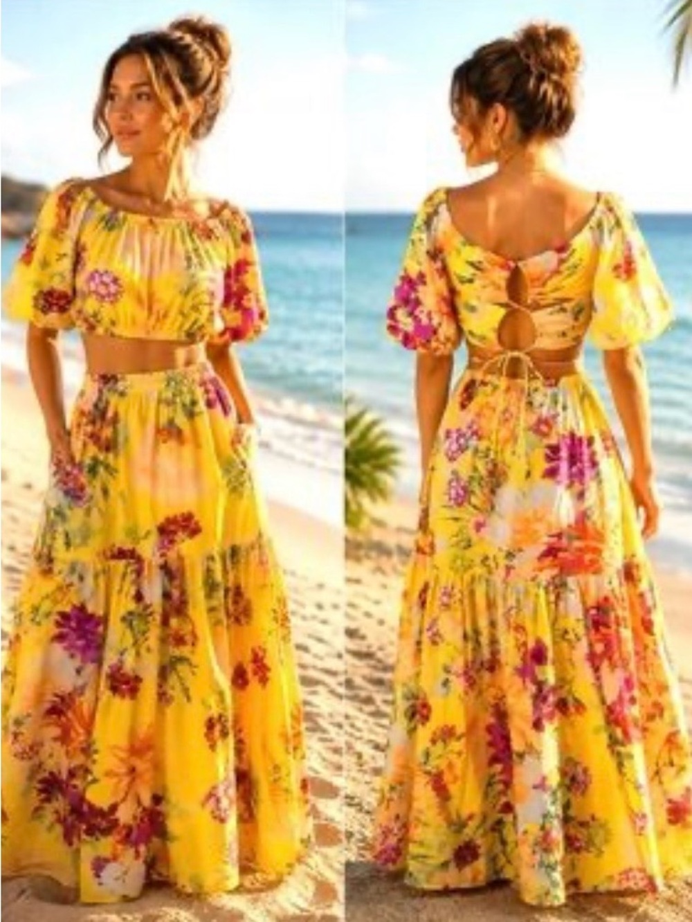 H&M Yellow Floral Maxi Skirt with Pink & Orange Blooms
